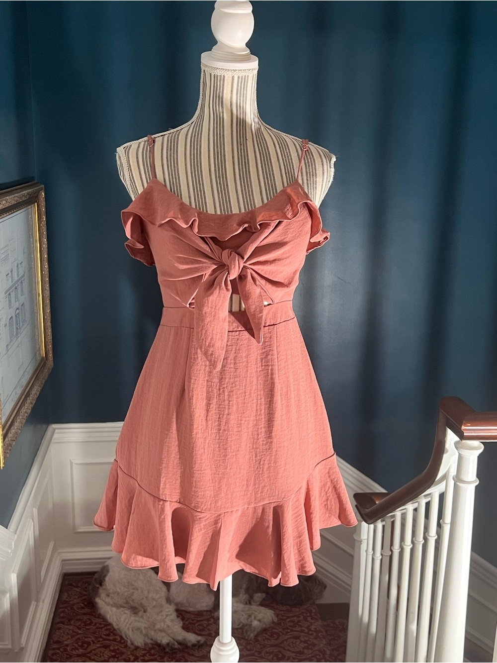 Ruffled Tie-Front Spaghetti Strap Dress - Dusty Rose small saints secrets D448